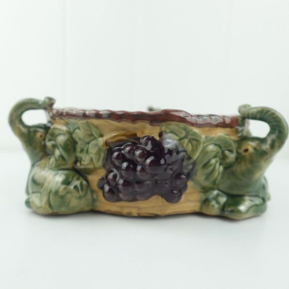 Majolica Art Pottery Elephant & Grapes Planter Glazed Planter Pot Bowl - Picture 8 of 14